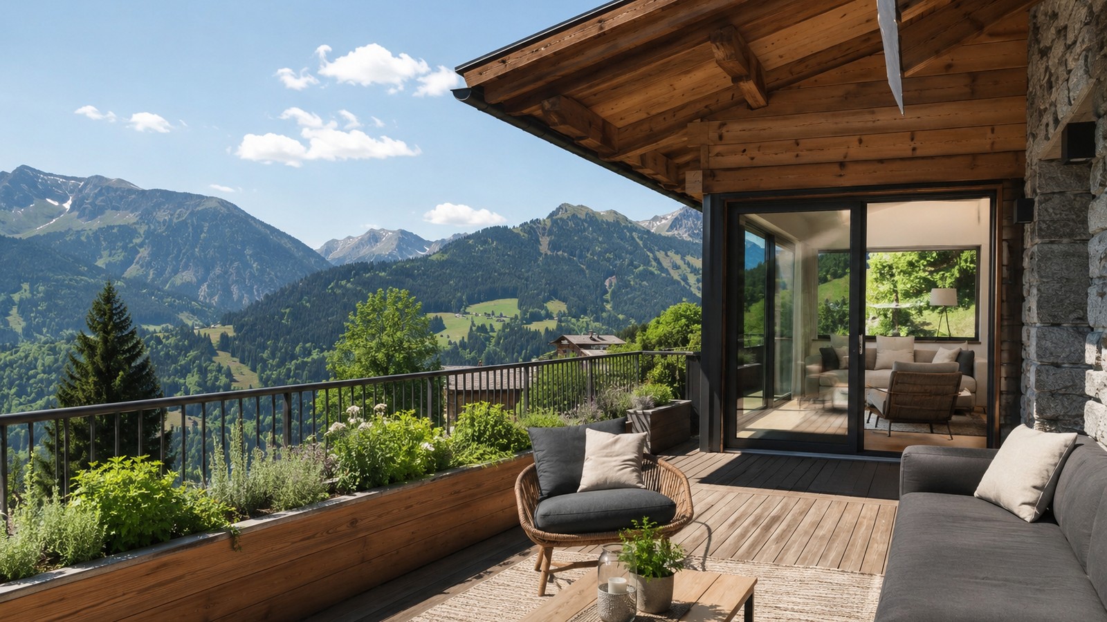 Sonnige Terrasse an einem Chalet in den Alpen